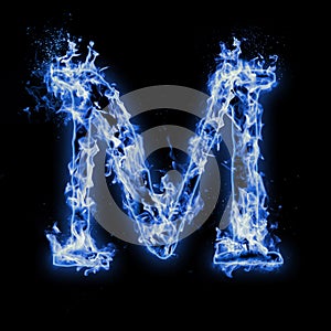 Letter M. Blue fire flames on black