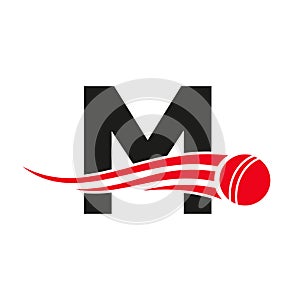 Letter M Cricket Logo Concept With Ball Icon For Cricket Club Symbol Vector Template. Cricketer Sign