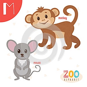 Letter M. Cute animals. Funny cartoon animals in vector. ABC boo