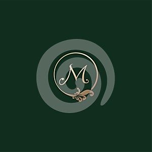 Letter M Decorative Alphabet Logo isolated on green Background. Luxury gold ring Initial Abjad Logo Design Template. Elegant Curl