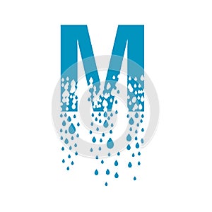 The letter M dissolves into droplets. Drops of liquid fall out as precipitation. Destruction effect. Dispersion photo