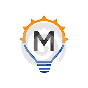 Letter M Electric Logo, Letter M With Light Bulb Vector Template. Eco Energy Power Electricity, Think Idea, Inspiration, Energy