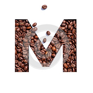 Letter M of English alphabet made of coffee beans and paper cut isolated on white. Typeface for coffeehouse