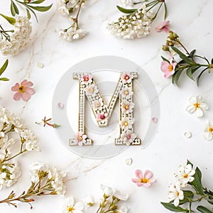 Letter M with flower elements isolated on white background