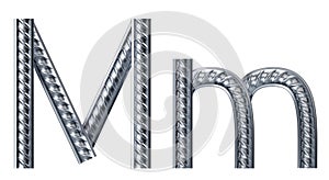 Letter m. font from construction rebar. 3D render