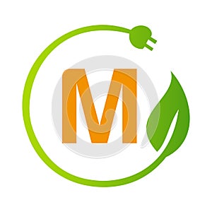 Letter M Green Energy Electrical Plug Logo Template. Electrical Plug Sign Concept with Eco Green Leaf Vector Sign