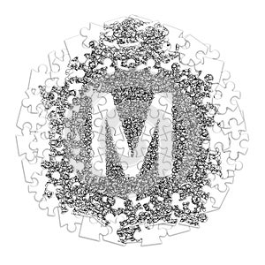 Letter M. Hand made font drawn with graphic pen on white background in jigsaw puzzle shape