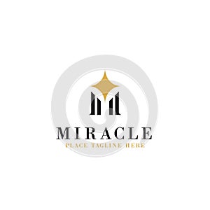 Letter m initial with sparkle star illustration for miracle concept logo template vector design