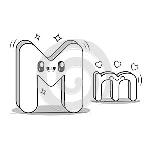 Letter M kawaii style black and white