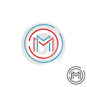 Letter M logo circle frame monogram, mockup line round border design element, red and blue graphic tech geometric shape