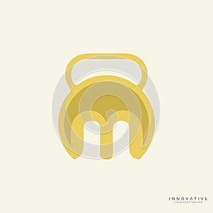 Letter M logo design with dumbbell icon. new best health and physical fitness company vector logo design