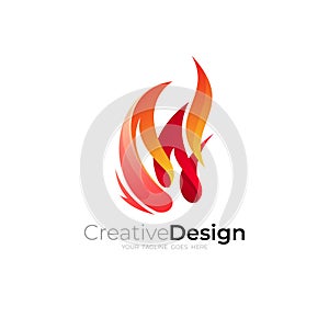 Letter M logo with fire design combination, red color