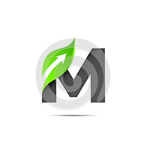 letter m logo with leaf and arrow symbol, nature logo