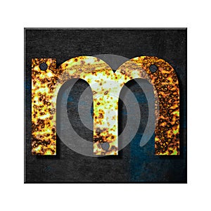 Letter m. Lower case. Alphabet from letters, from rusty iron, on a wooden plank. Isolated on white background. Education