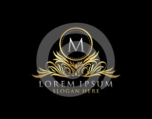 Letter M Luxury Logo. Monogram design elements, graceful template. Calligraphic elegant line art badge design. Business sign for
