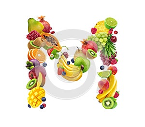 Letter M made of different fruits and berries, fruit font isolated on white background, healthy alphabet