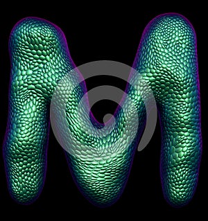 Letter M made of natural green snake skin texture isolated on black.