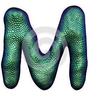 Letter M made of natural green snake skin texture isolated on white.