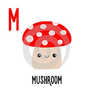 Letter M Mushroom. Animal and food alphabet for kids. Cute cartoon kawaii English abc. Funny Zoo Fruit Vegetable learning.