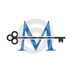 Letter M Real Estate Logo Concept With Home Lock Key Vector Template. Luxury Home Logo Key Sign
