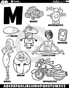 Letter M set with cartoon objects and characters coloring page