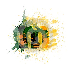 Letter M typography design, dark green and yellow ink splash grunge watercolor splatter, isolated on white, grungy backgro photo