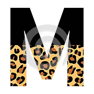 Letter M Uppercase initial eopard print on the white background. Isolated illustration