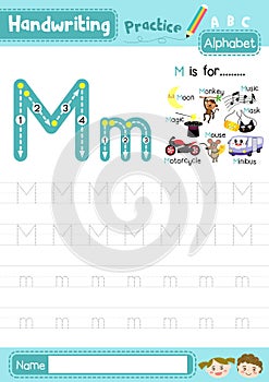 Letter M uppercase and lowercase tracing practice worksheet A4