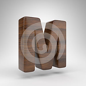 Letter M uppercase on white background. Dark oak 3D letter with brown wood texture.