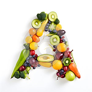 Letter made of fresh fruits and vegetables isolated on white