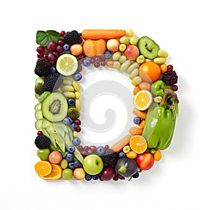 Letter made of fresh fruits and vegetables isolated on white