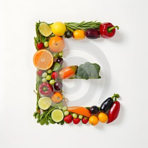 Letter made of fresh fruits and vegetables isolated on white