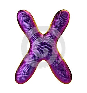 Letter X made of natural snake skin texture purpur color. 3D letter render isolated on white.
