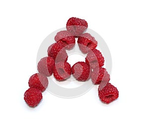 letter A made from raspberries. isolated on white background for birthday party