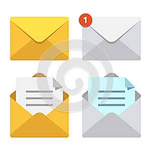 Letter in mail envelope. Mailbox notification or email message icons. Open or closed letters postal envelopes vector set