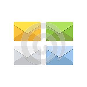 Letter in mail envelope in white, grey, yellow, green and blue colors. Set of vector illustrations. Mailbox notification or email