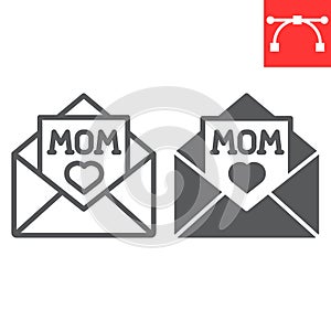 Letter for mom line and glyph icon, envelope and heart, letter for mother vector icon, vector graphics, editable stroke
