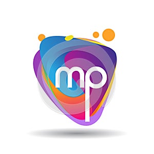 Letter MP logo with colorful splash background, letter combination logo design for creative industry, web, business and company