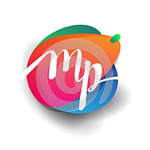 Letter MP logo with colorful splash background, letter combination logo design for creative industry, web, business and company