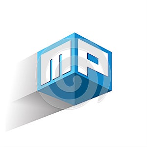 Letter MP logo in hexagon shape and blue background, cube logo with letter design for company identity