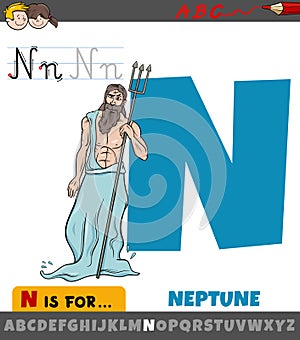 letter N from alphabet with cartoon Neptune Roman god