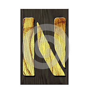 Letter N. Alphabet made of letters, made of wood, on a dark wooden plank. Isolated on white background. Education