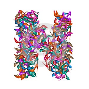 Letter N, alphabet made of multicolored high heel shoes, woman footwear, 3d render on white background