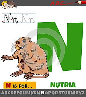 Letter N from alphabet with nutria animal character