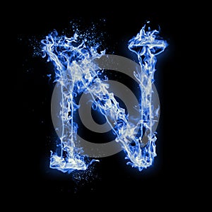 Letter N. Blue fire flames on black