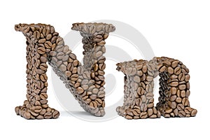 Letter N from coffee bean isoilated on white. Coffee alphabet font