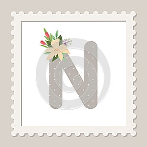 Letter N with flowers. Floral alphabet font uppercase