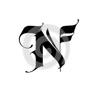 Letter N, in the Gothic style. Vector. Alphabet. The symbol is isolated on a white background. Calligraphy and lettering. Medieval