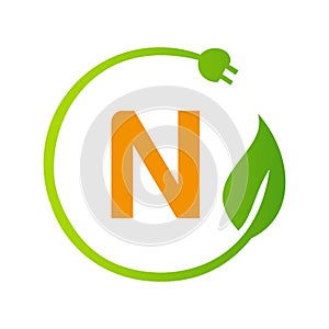 Letter N Green Energy Electrical Plug Logo Template. Electrical Plug Sign Concept with Eco Green Leaf Vector Sign