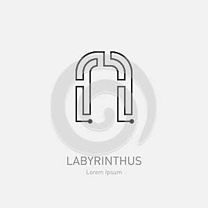 Letter N. Labyrinth vector logo template. Line art rebus, concept logotype icon.